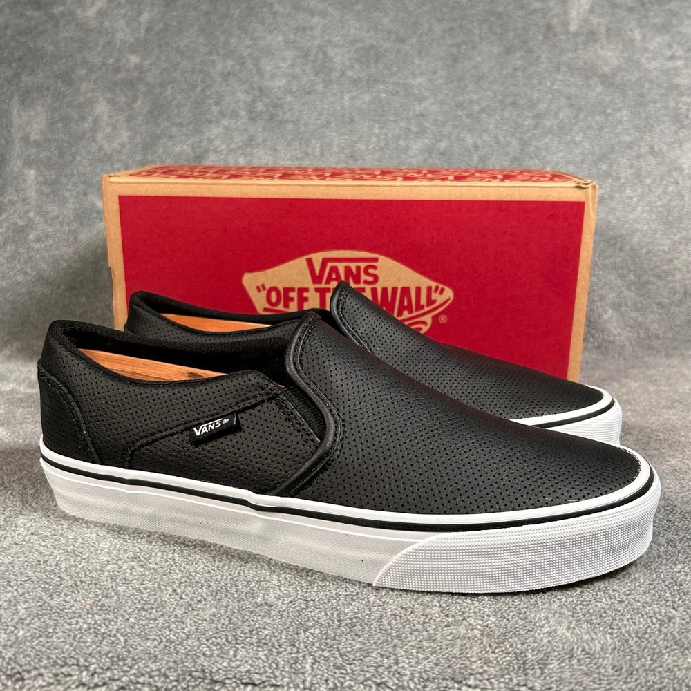 Vans Asher Slip-On Perforated Leather Black White Sneakers Womens 9.5 New
